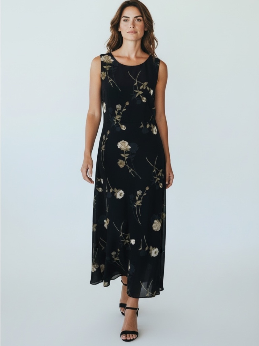 Vintage 90s Black Floral Chiffon Maxi Dress Empire Waist Womens Large Studio